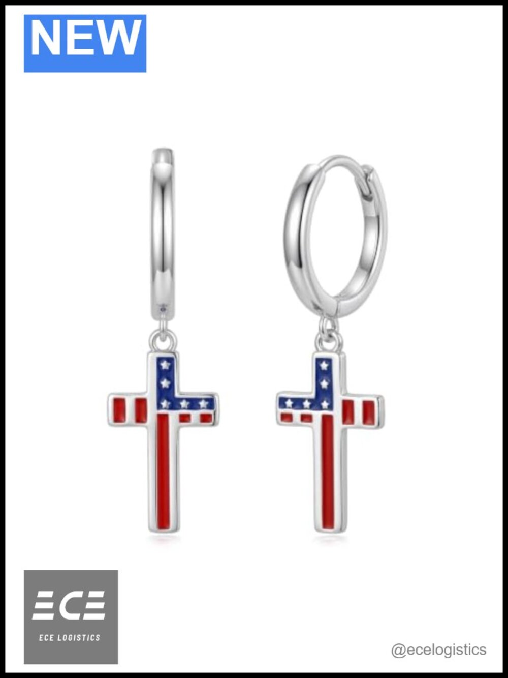 American Flag Earrings 14K White Gold Plated Cross Dangle Patriotic Jewelry
